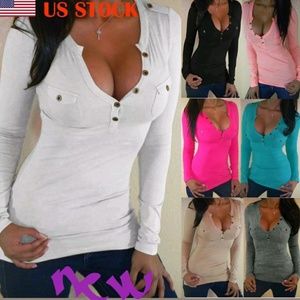 Cute Pink Long Sleeve V-Neck Shirt Size Large